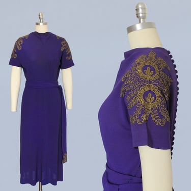 1930s Dress / 30s Purple Crepe with Gold Soutache Sleeves / Button Back 