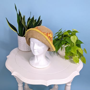 Vintage 70s Boho Straw Hat, 1970s Knitted Pattern Hat 