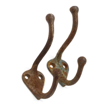 Pair of Distressed Cast Iron Two Arm Wall Hooks