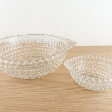 Vintage Diamond Quilted Glass Bowl Set, Medium and Small Clear Pressed Glass Clear Bowls with Glass Handles 