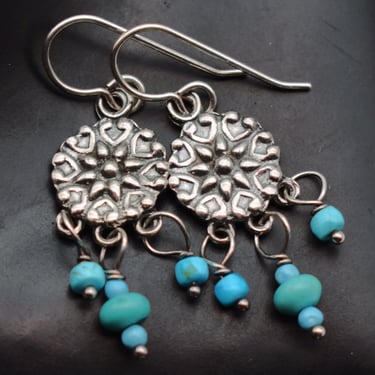 70's 925 silver floral disc turquoise hippie dangles, Southwestern sterling flower earrings 