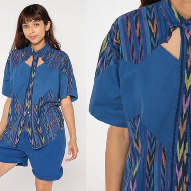 90s Two Piece Set Shirt and Shorts Blue Southwestern Button Up Cutout Blouse High Waisted Combo Summer Festival Outfit Vintage 1990s Medium 