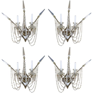 Set of Four Bronze and Bead Crystal Presidential Wall Sconce 
