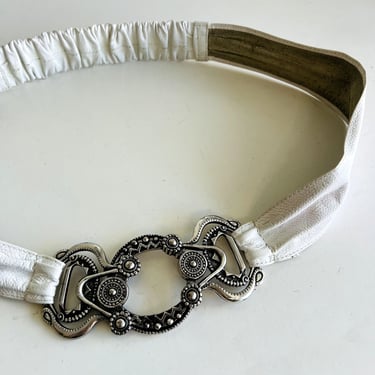 Vintage 90s Chico's White Genuine Leather Chunky Silver Buckle Belt - L 