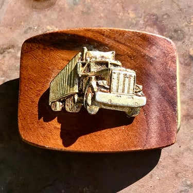 Vintage Semi Truck Belt Buckle Trucker Handmade Wood Brass 1970s 1980s Trucking 