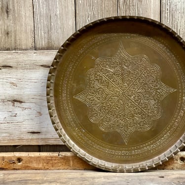 12” Tray Brass Copper Round Etched Moroccan Persian Turkish Indian Serving Decorative Metal Gold Crimped Edge 