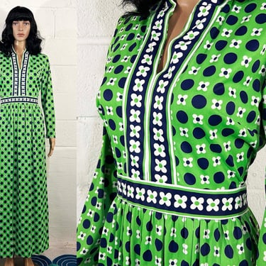 Vintage Floral Maxi Dress Avalon Classics Long Sleeves Maxi Blue Green White Geometric Mod Hostess Gown 1960s 60s Dopamine 1970s 70s Medium 
