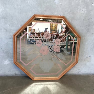 Local Long Beach LA Pick Up - Vintage 1980s Etched Wood Floral Mirror - Octagonal Ikebana Hanging Wall Mirror - 80s Decor Design 