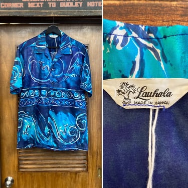 Vintage 1960’s “Lauhala” Atomic Mod Pop Art Surfer Tiki Polished Cotton Hawaiian Shirt, Loop Collar, 60’s Vintage Clothing 