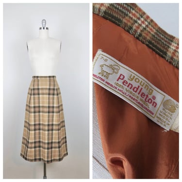 Vintage 1970s Pendleton wool plaid skirt, midi, A-line, xs 
