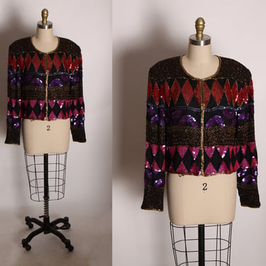 1980s Multi-Colored Black, Pink, Red and Purple Sequin Geometric Abstract Long Sleeve Cropped Jacket by Night Vogue -L 