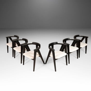 Set of Six (6) Ebonized Oak Compass Dining Chairs after Alan Gould for Knoll in New Boucle Upholstery, USA, c. 1960's 