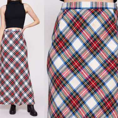 70s Plaid High Waisted Maxi Skirt - Small, 26" | Vintage White Red Knit Long A Line Hostess Skirt 