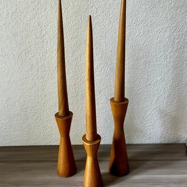 Vintage Hand Turned Set of 3 mid century Hibiscus wooden candle holders with wood candles made in Philippines 