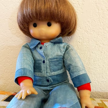 Rare Vintage 70s "Hippie" Boy Doll by Clodrey | Made in France | Blue Jean Denim Print Jacket & Bell Bottom Pans w/ Beatles Mop Top Haircut 