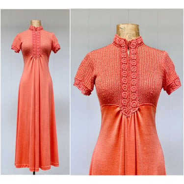 Vintage 1970s Salmon Empire Waist Maxi Dress, 70s Orange Bias Cut Polyester Jersey Gown 