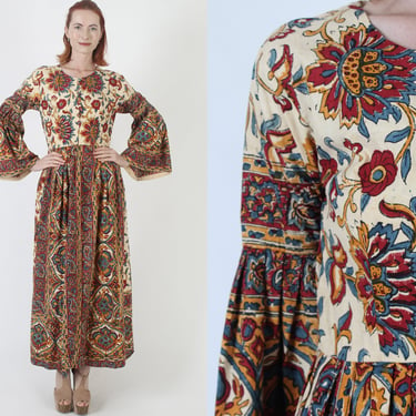 Karavan India Bell Sleeve Maxi Dress, Vintage 70s Cotton Batik Print Sundress, Mid Weight Tapestry Block Printed Kafatan 