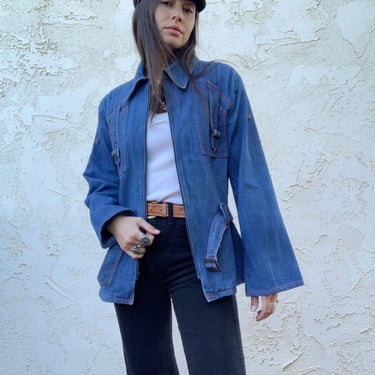 Vintage 70’s Faded Glory Denim Jean Zip up Bell Sleeve Belted Jacket 