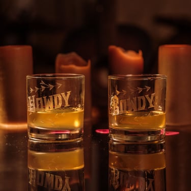 Howdy & Rowdy Etched Low Ball Glasses