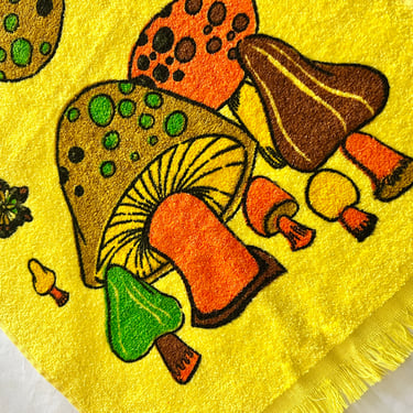 Neon Groovy Kitchen Towel, Mushrooms, Butterflies, Bright Yellow, Mod Home Decor, Vintage 70s 