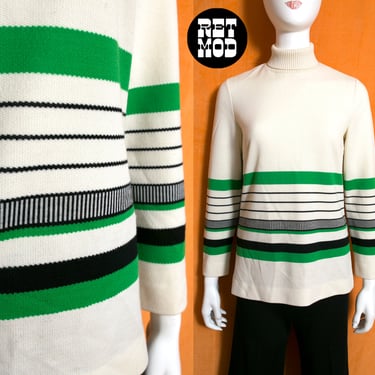 Vintage 60s 70s Off-White Green Black Stripe Turtleneck Knit Top 