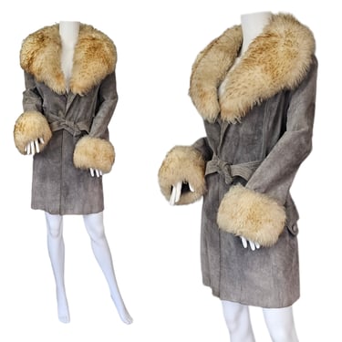 1970's Grey Suede Midi Wrap Coat I Shearling Collar/Cuffs I Sz Lrg I Almost Famous Coat 