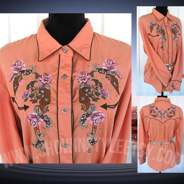 Vintage Retro Women's Cowgirl Western Shirt by Scully, Rodeo Queen Blouse, Embroidered Pink Roses, Rhinestones, XLarge (see meas. photo) 