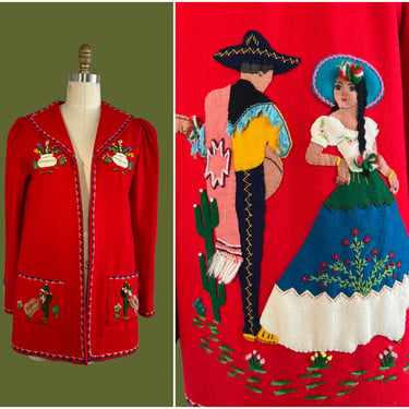 FIESTA WEAR Vintage 50s Jacket | 1950s Mexican Tourist Souvenir Top by Berty | Felt Appliqué | Rockabilly, Southwestern | Sz Small Medium 
