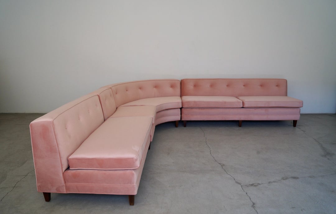 1960's Midcentury Modern Pink Velvet Sectional Sofa Cyclic Furniture