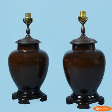 Pair of Ceramic and Brass Ginger Jar Table Lamps