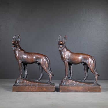 Signed Early 20th c. Bronze Dog Bookends by PAUL HERZEL c.1920