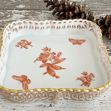 Antique Herend openwork porcelain gallery tray. Fine china made and hand painted in Hungary #7510. Fortuna Rust with butterflies & flowers 