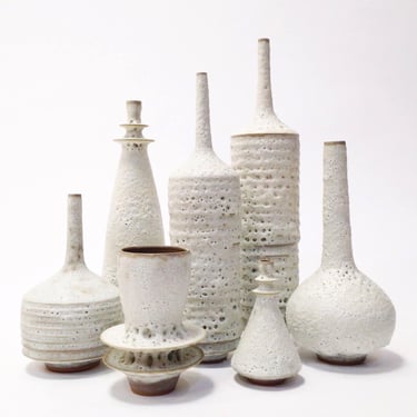 Grand Collection of 7 Sculptural Stoneware Architectural Ceramic Vases in White Crater Lava Glaze by Sara Paloma Pottery . 