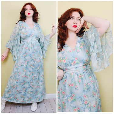 1970s Vintage Blue Floral Angel Sleeve Dress / 70s / Seventies Poly Knit Ruffled Maxi Gown / Medium - Large 
