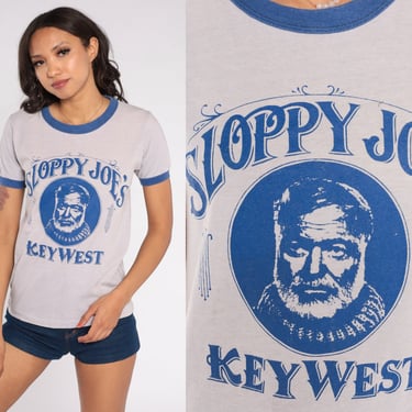 Sloppy Joe's Key West Shirt 80s Ringer Tee Florida T-Shirt Restaurant Bar Graphic Tshirt Retro Single Stitch Grey Blue Vintage 1980s Small S 