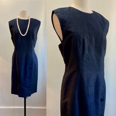 Vintage 50s SILK Dress / Navy Blue Duponi Slub Silk / Shifi Style / Brocade Button Side vent / VOLUP 