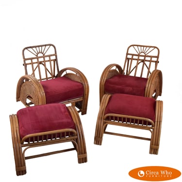 Pair of Rattan Reclining Lounge Chairs and Ottomans by Palecek
