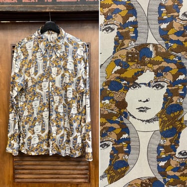 Vintage 1970’s Size XL Hippie Disco Glam Rock Lady Face Pop Art Shirt, 70’s Psychedelic Print, Vintage Disco Top, Vintage Clothing 
