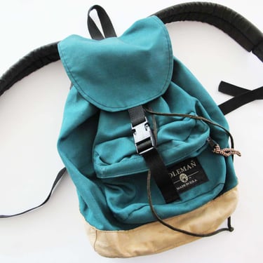 Vintage 90s Green Coleman Backpack Tan Brown Leather Bottom - Outdoor Hiking Rucksack - 1990s Gorpcore Drawstring Nylon Bag Gender Neutral 