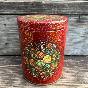 vintage Daher tea and biscuit tin dark red floral storage container 