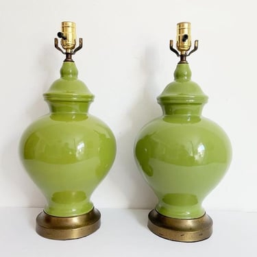 Green Ceramic Ginger Jar Lamps - Pair 