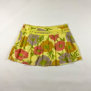 Y2k Floral Micro Mini Pleated Skirt / Pastel Yellow / Size L / 13 / Bratz / Tropical / 00s / Tropical / Poppies / Peonies / Frayed Hem 