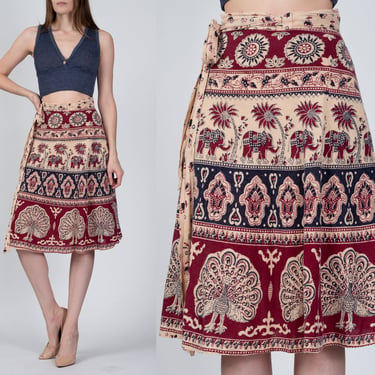 Vintage Indian Peacock Block Print Midi Wrap Skirt - Medium to Large | 70s Boho Batik Cotton A Line Hippie Skirt 