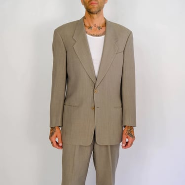 Vintage 80s Giorgio Armani Light Sage Green Herringbone Wool Suit | Made in Italy | Relaxed Boxy Fit | 1980s Armani Designer Tailored Suit 