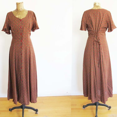 Vintage 90s Button Front Maxi Dress S M - 1990s Grunge Red Yellow Paisley Lace Up Long Rayon Sundress 