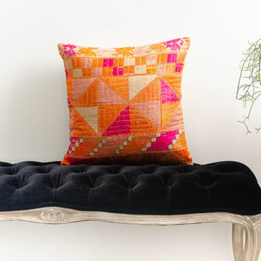 Antique Indian Pulkari Silk Hand Embroidered Linen Square Orange Pillowcase Accent Pillow Cushion - 1920s 