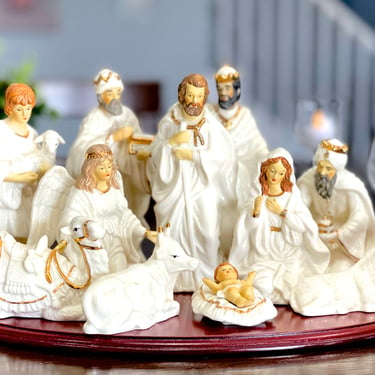 VINTAGE: 11pc - Porcelain Nativity Set on a Wooden Base - Home for the Holidays - Christmas Decor - Religious Decor - SKU 00035258 