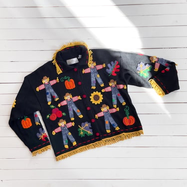cute cottagecore sweater 90s vintage Design Options scarecrow pumpkin farm black embroidered cardigan 
