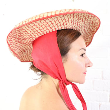 1940s Straw Sun Hat with Tie | 40s Red Woven Straw Sun Hat 