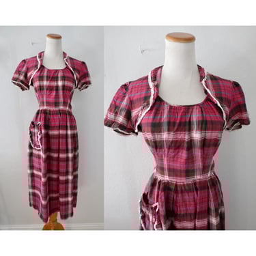 Vintage Plaid Dress - 30s or 40s Era Women's Day Dress with Pocket - Size Small S 
